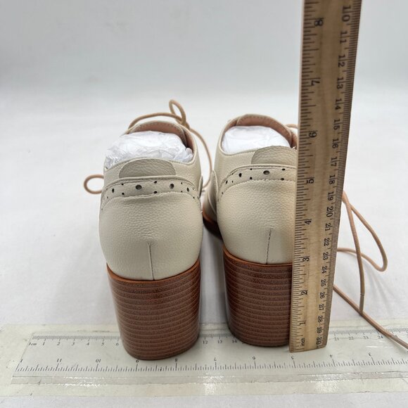 FOWT Beige Perforated Lace-Up Oxfords Almond Toe Mid Chunky Heel Brogues Shoes - Picture 5 of 8